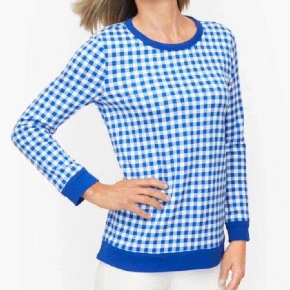 Talbots Gingham Crewneck Sweatshirt BLUE - Sz LG *EXCELLENT CONDITION*